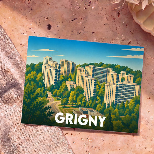 Carte postale souvenir de la ville de Grigny arborant une illustration stylisée de ses grands ensembles résidentiels au milieu de la verdure.