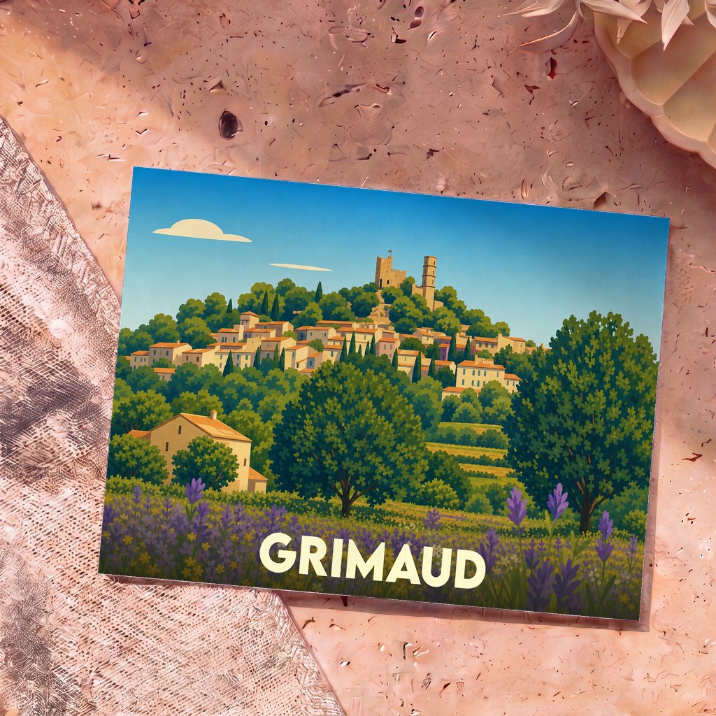 Carte postale souvenir de la ville de Grimaud illustrant un village perché provençal entouré de lavande.
