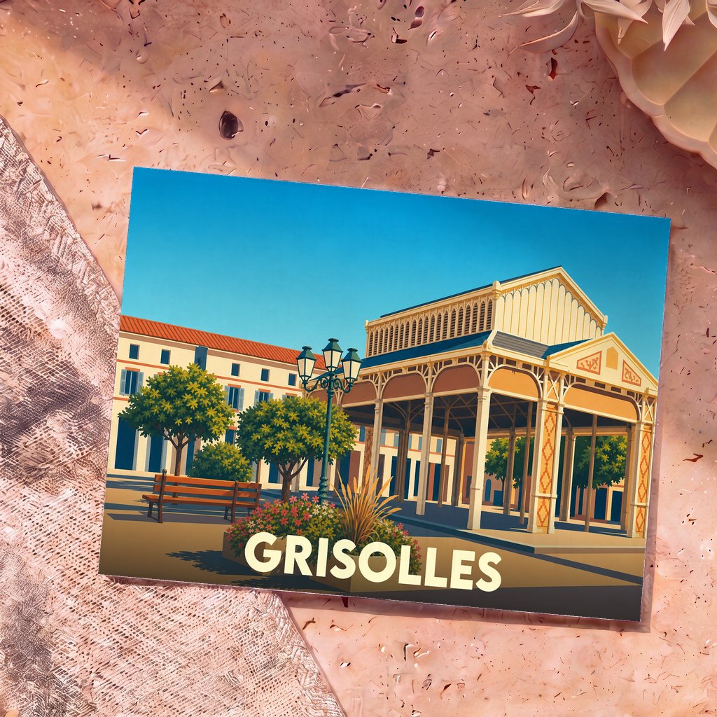 Carte postale souvenir de la ville de Grisolles avec une illustration stylisée de sa halle couverte.