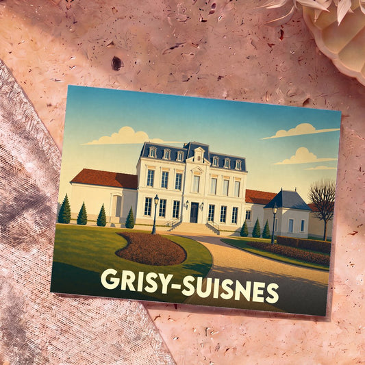 Carte postale souvenir de la ville de Grisy-Suisnes avec une illustration stylisée d'un château.