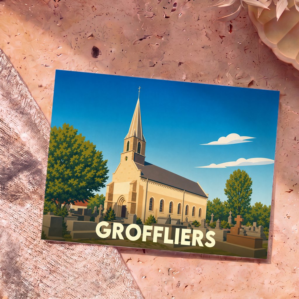 Carte postale souvenir de la ville de Groffliers avec une illustration stylisée de son église et de son cimetière.