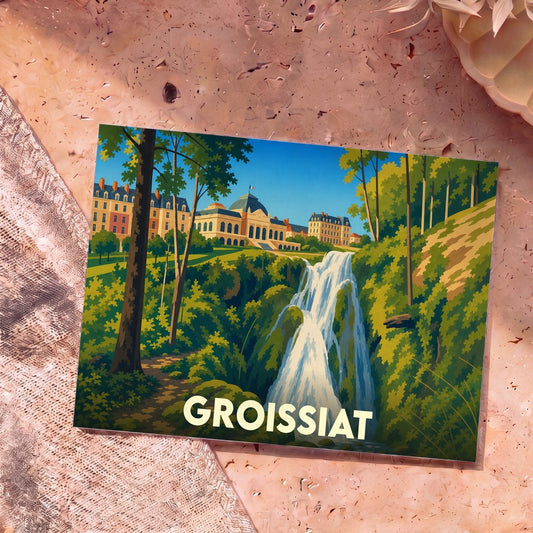 Carte postale souvenir de la ville de Groissiat avec une illustration stylisée représentant un palais surplombant une cascade.
