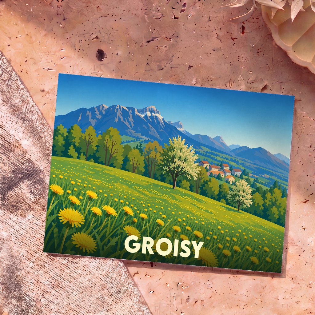 Carte postale souvenir de la ville de Groisy illustrant un paysage de montagne fleuri dans un style vintage.