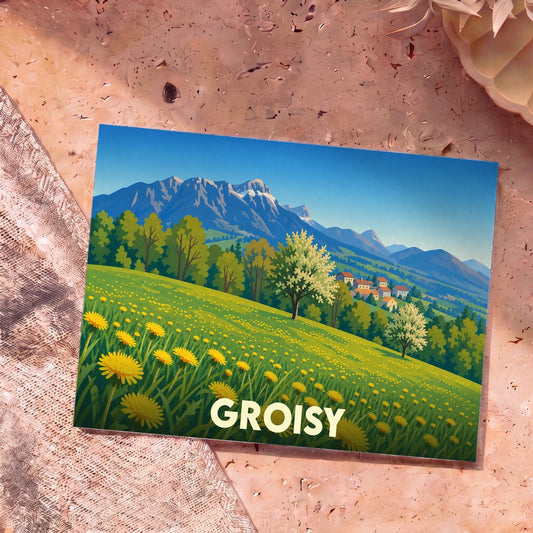 Carte postale souvenir de la ville de Groisy illustrant un paysage de montagne fleuri dans un style vintage.