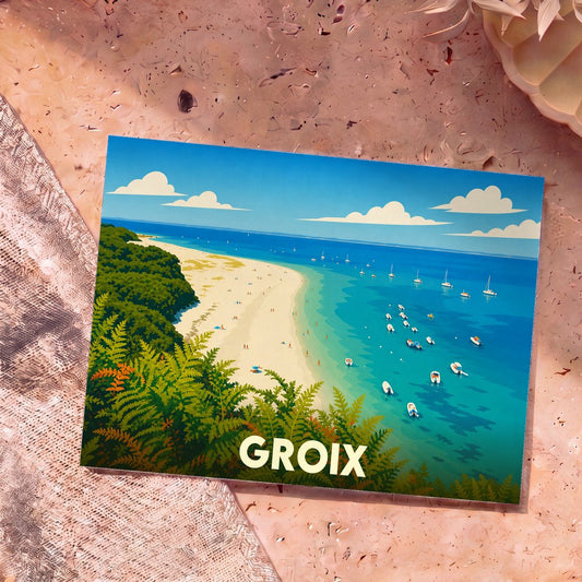 Carte postale souvenir de l'île de Groix avec une illustration stylisée d'une plage bordée d'eaux turquoise.