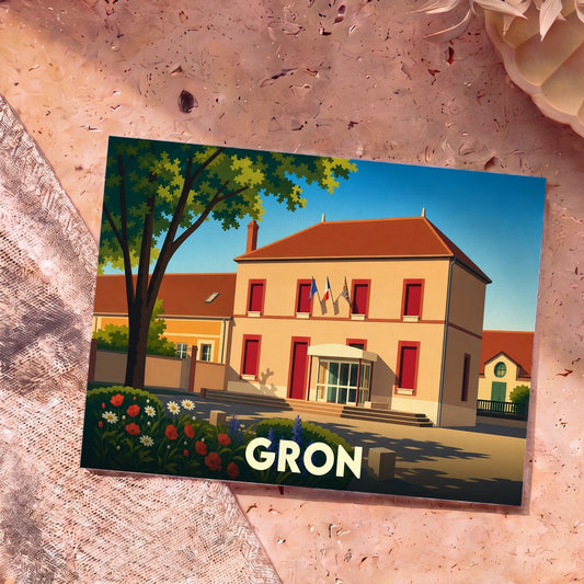 Carte postale souvenir de la ville de Gron avec une illustration stylisée de sa mairie.