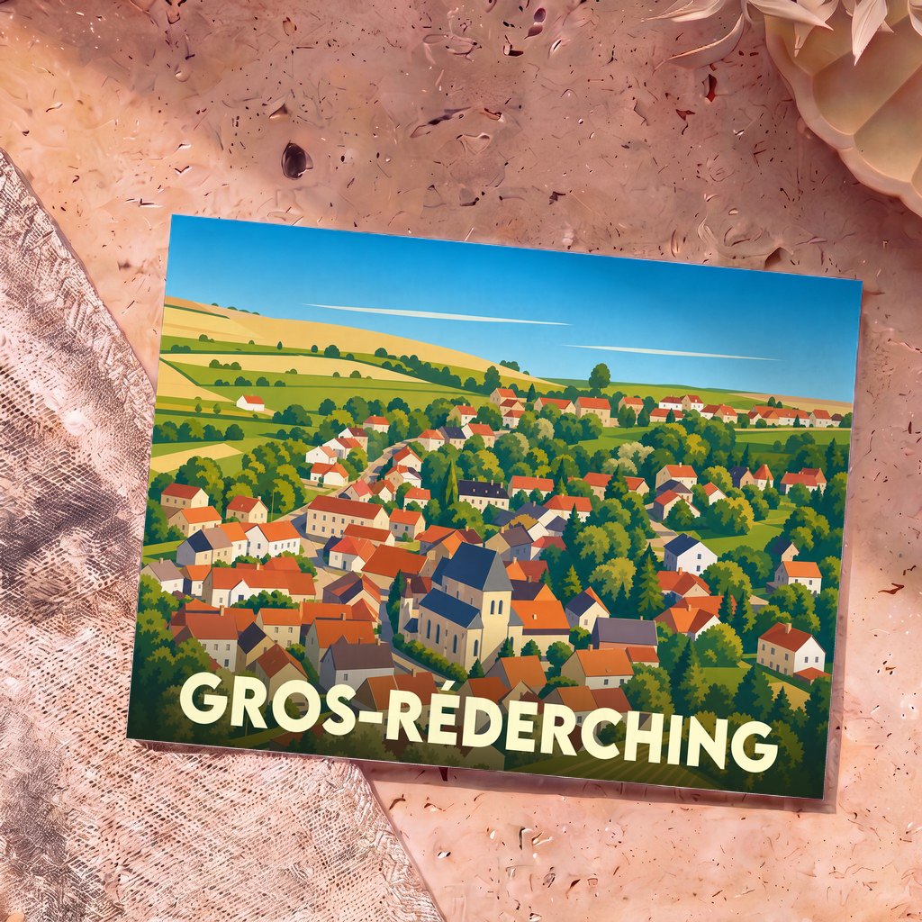 Carte postale souvenir de Gros-Réderching illustrant une vue aérienne stylisée et colorée du village.