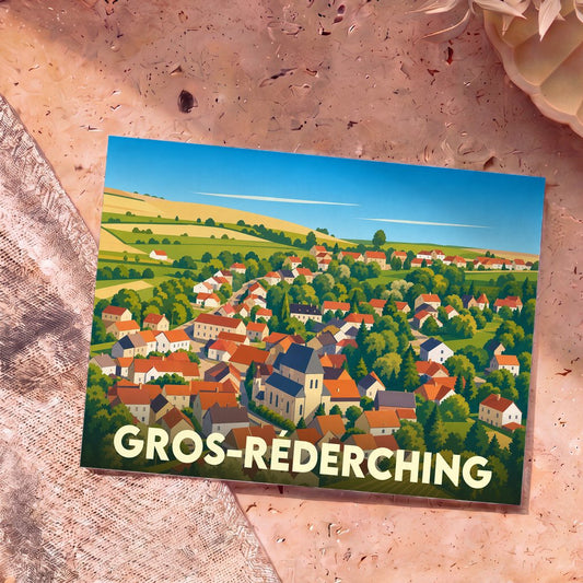 Carte postale souvenir de Gros-Réderching illustrant une vue aérienne stylisée et colorée du village.
