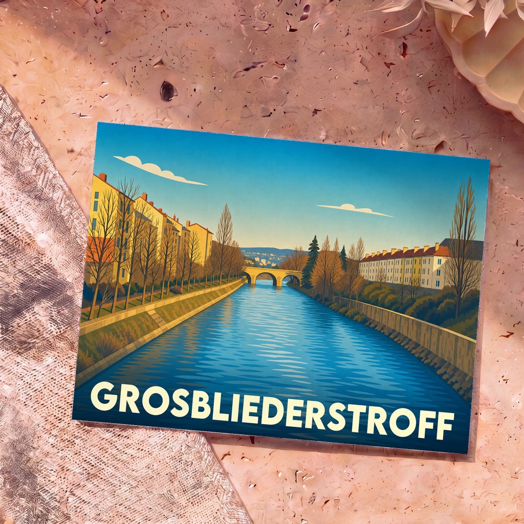 Carte postale souvenir de la ville de Grosbliederstroff avec une illustration stylisée d'un canal et d'un pont.