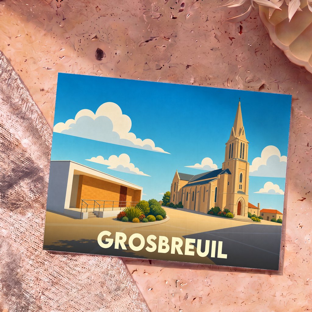 Carte postale souvenir de la ville de Grosbreuil avec une illustration stylisée de son église et de son architecture.