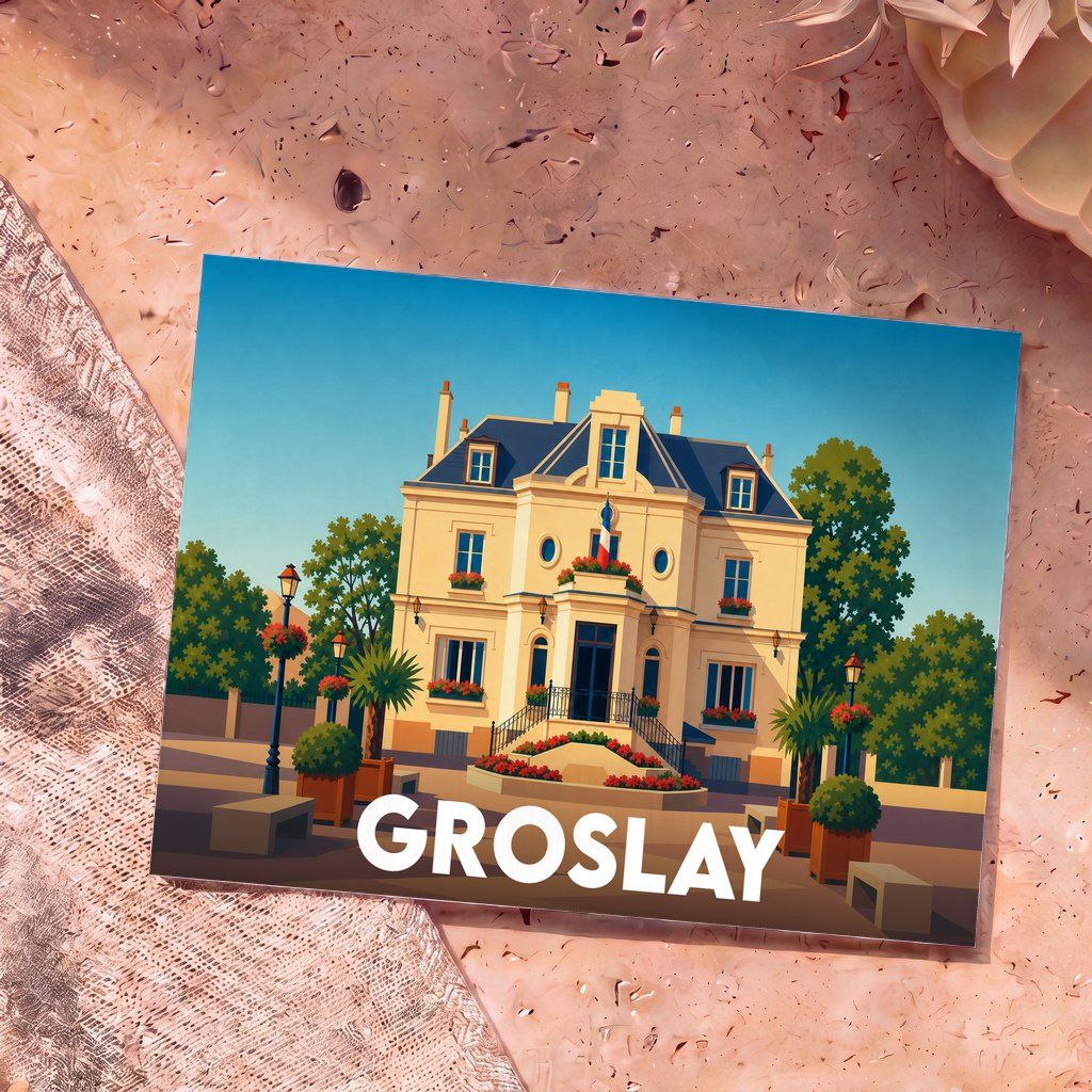 Carte postale souvenir de la ville de Groslay avec une illustration stylisée de l'hôtel de ville.