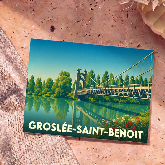 Carte postale souvenir de la ville de Groslée-Saint-Benoit illustrant son pont suspendu et le Rhône dans un style graphique épuré.