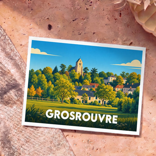 Carte postale souvenir de la ville de Grosrouvre avec une illustration stylisée et colorée.