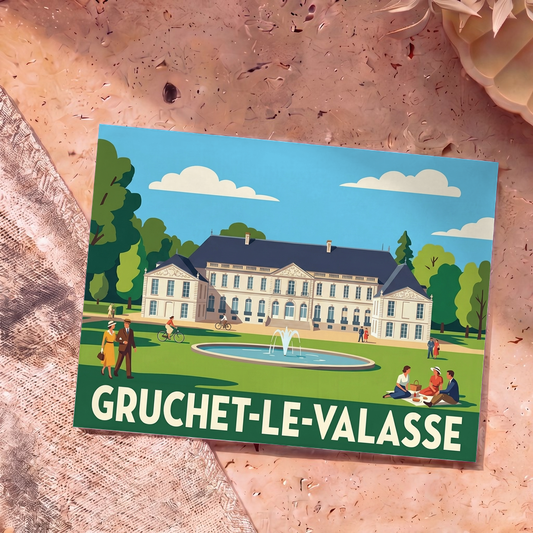 Carte postale souvenir de la ville de Gruchet-le-Valasse illustrant son abbaye dans un style rétro et coloré.