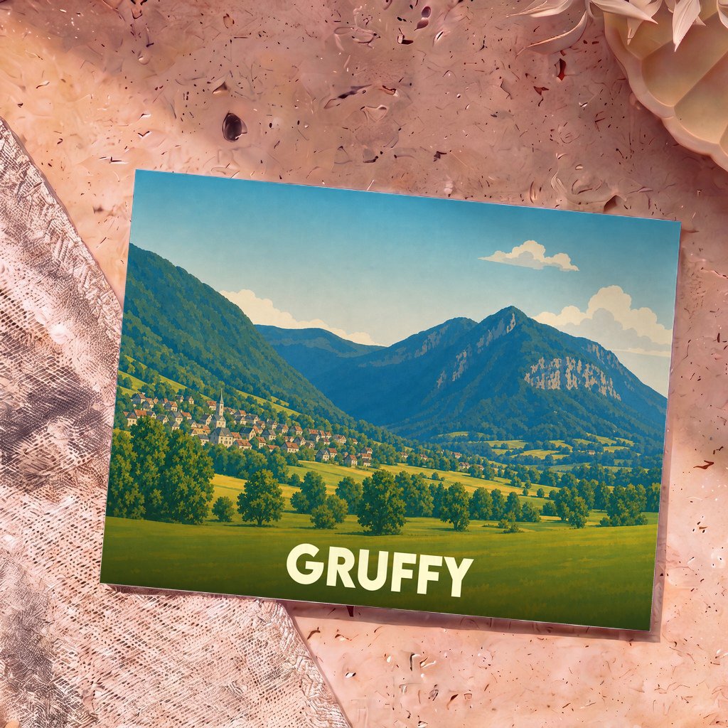 Carte postale souvenir de la ville de Gruffy illustrée par un paysage de montagne verdoyant.