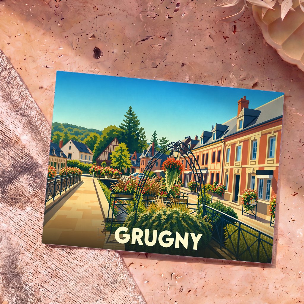 Carte postale souvenir de la ville de Grugny avec une illustration colorée et stylisée de ses rues fleuries.