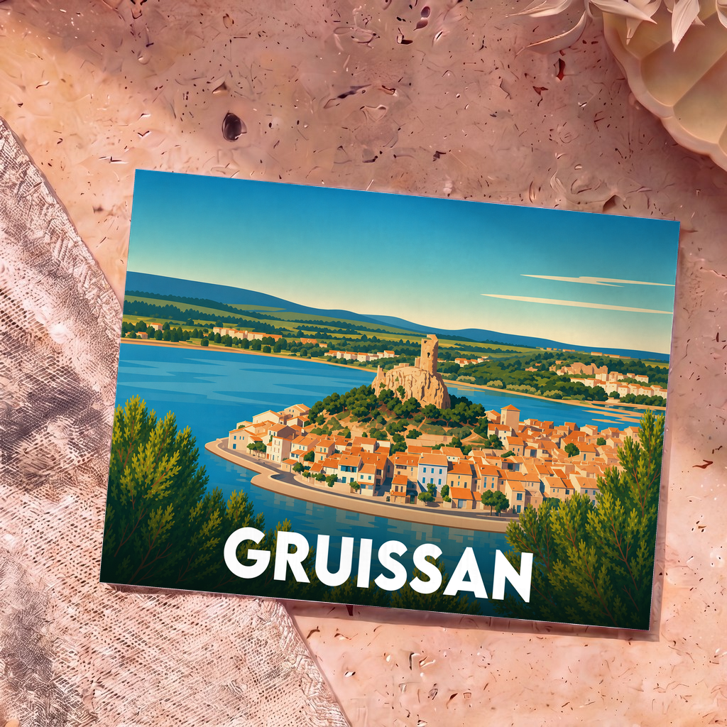 Carte postale souvenir de la ville de Gruissan avec une illustration stylisée de son vieux village et de la tour Barberousse.