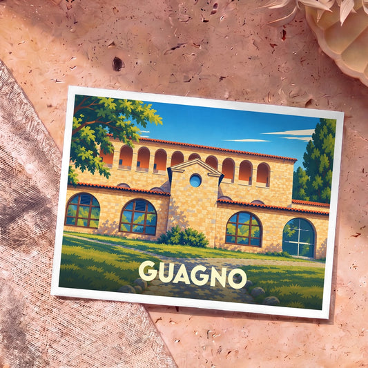 Carte postale souvenir de la ville de Guagno avec une illustration stylisée d'un bâtiment en pierre.