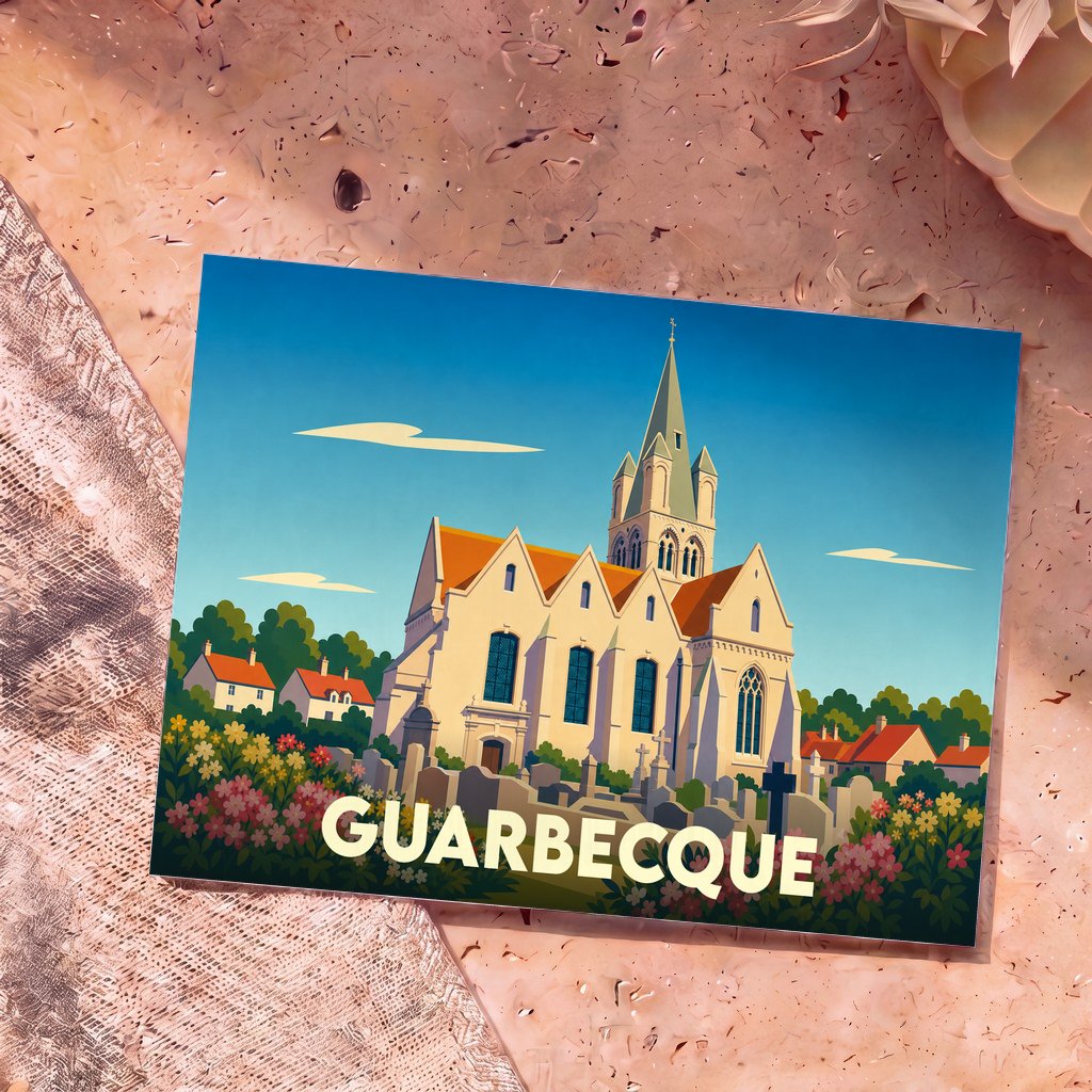 Carte postale souvenir de la ville de Guarbecque avec une illustration stylisée de son église et de son cimetière.