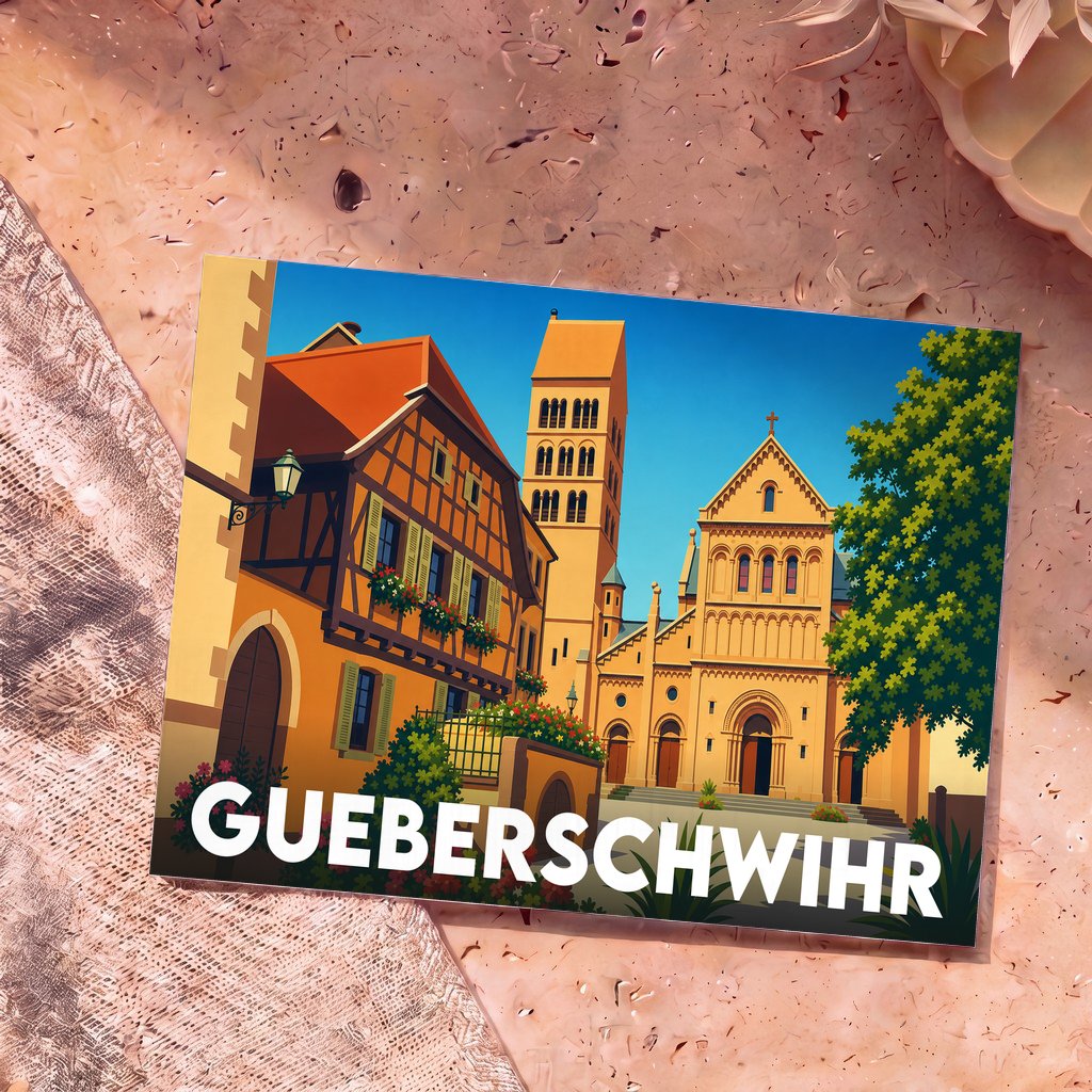 Carte postale souvenir de la ville de Gueberschwihr présentant une illustration stylisée de son architecture alsacienne et de son église romane.