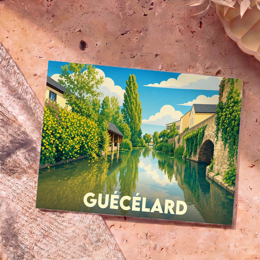 Carte postale souvenir de la ville de Guécélard avec une illustration stylisée d'un canal bordé de fleurs et d'un pont de pierre.