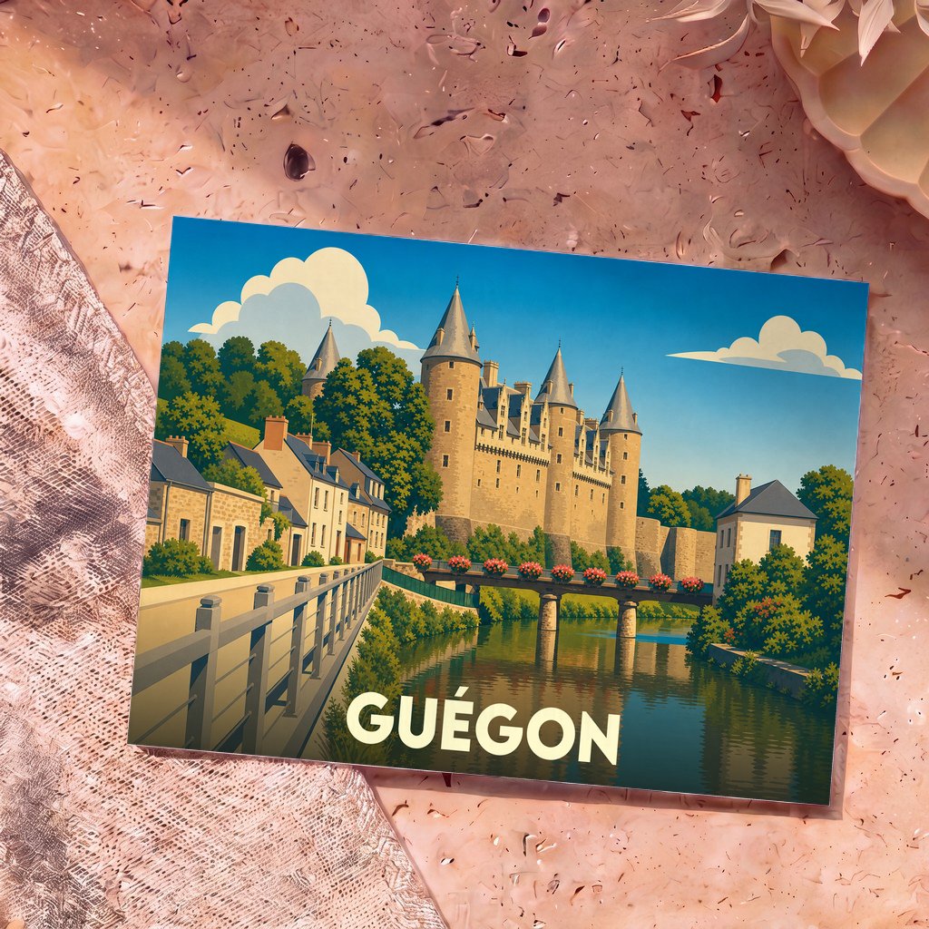 Carte postale souvenir de la ville de Guégon avec une illustration stylisée de son château et de sa rivière.