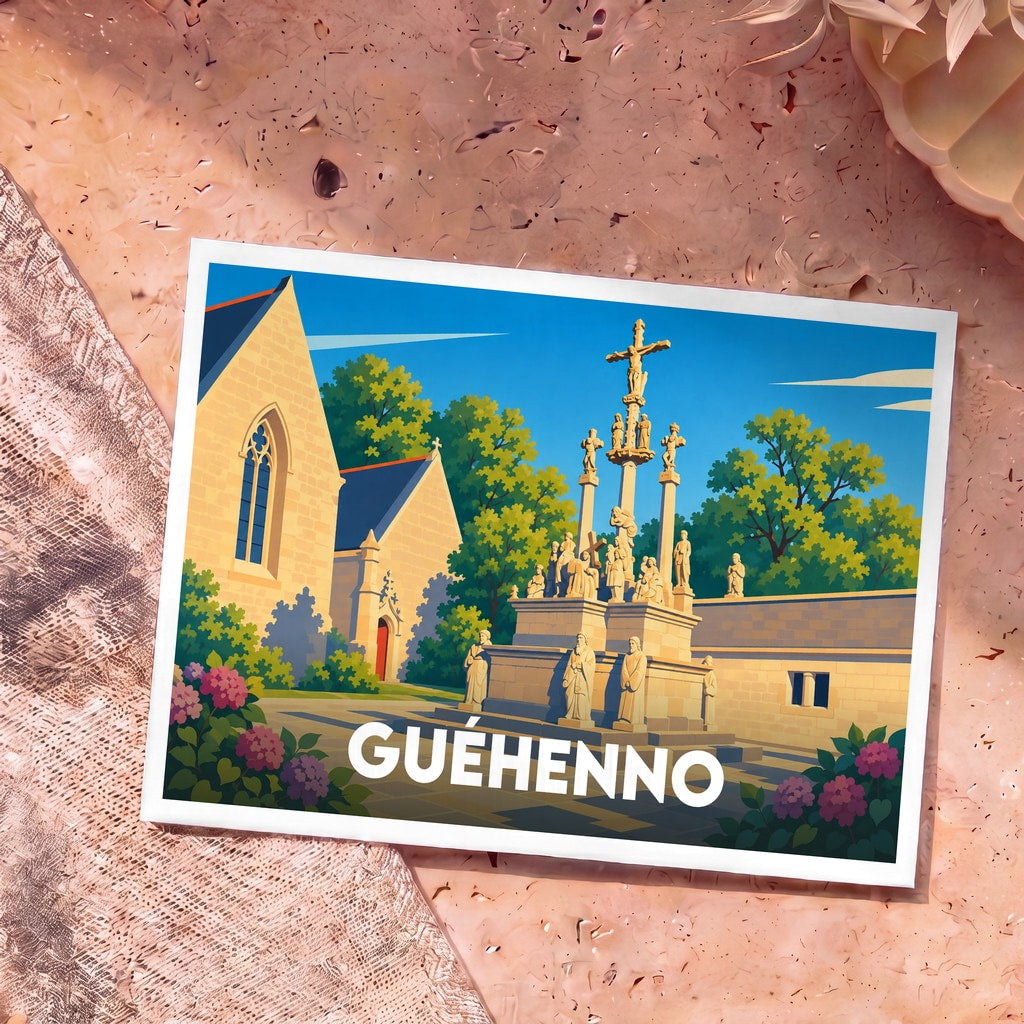 Carte postale souvenir de la ville de Guéhenno avec une illustration stylisée de son calvaire monumental.