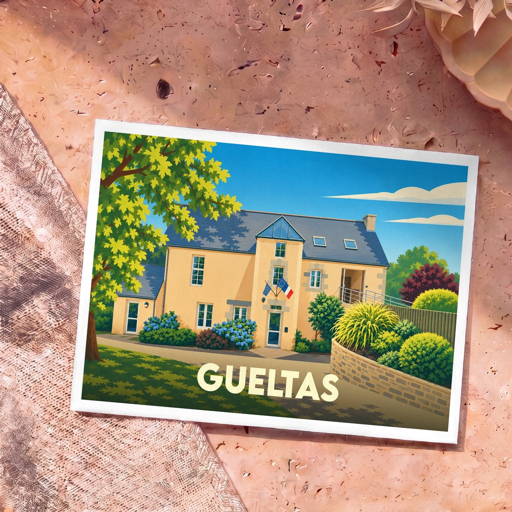Carte postale souvenir de la ville de Gueltas avec une illustration stylisée de sa mairie.