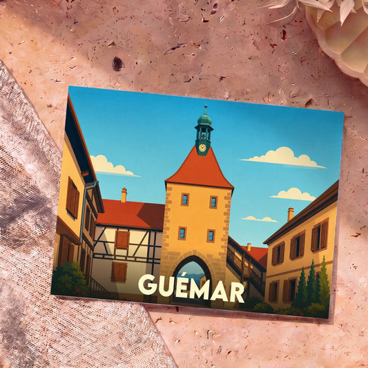 Carte postale souvenir de la ville de Guémar illustrant sa tour historique dans un style graphique épuré.