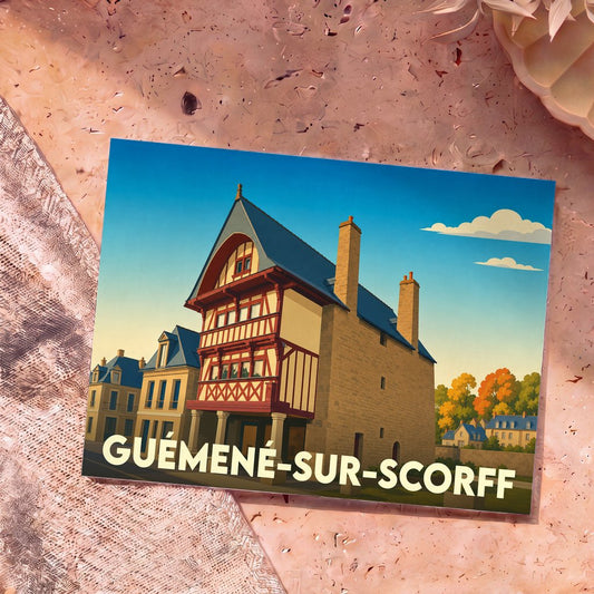 Carte postale souvenir de la ville de Guémené-sur-Scorff avec une illustration stylisée d'une maison à pans de bois.