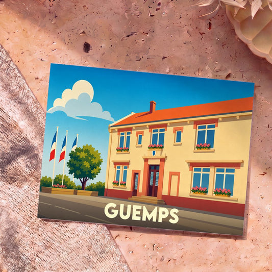Carte postale souvenir de la ville de Guemps avec une illustration stylisée de sa mairie sous un ciel bleu.