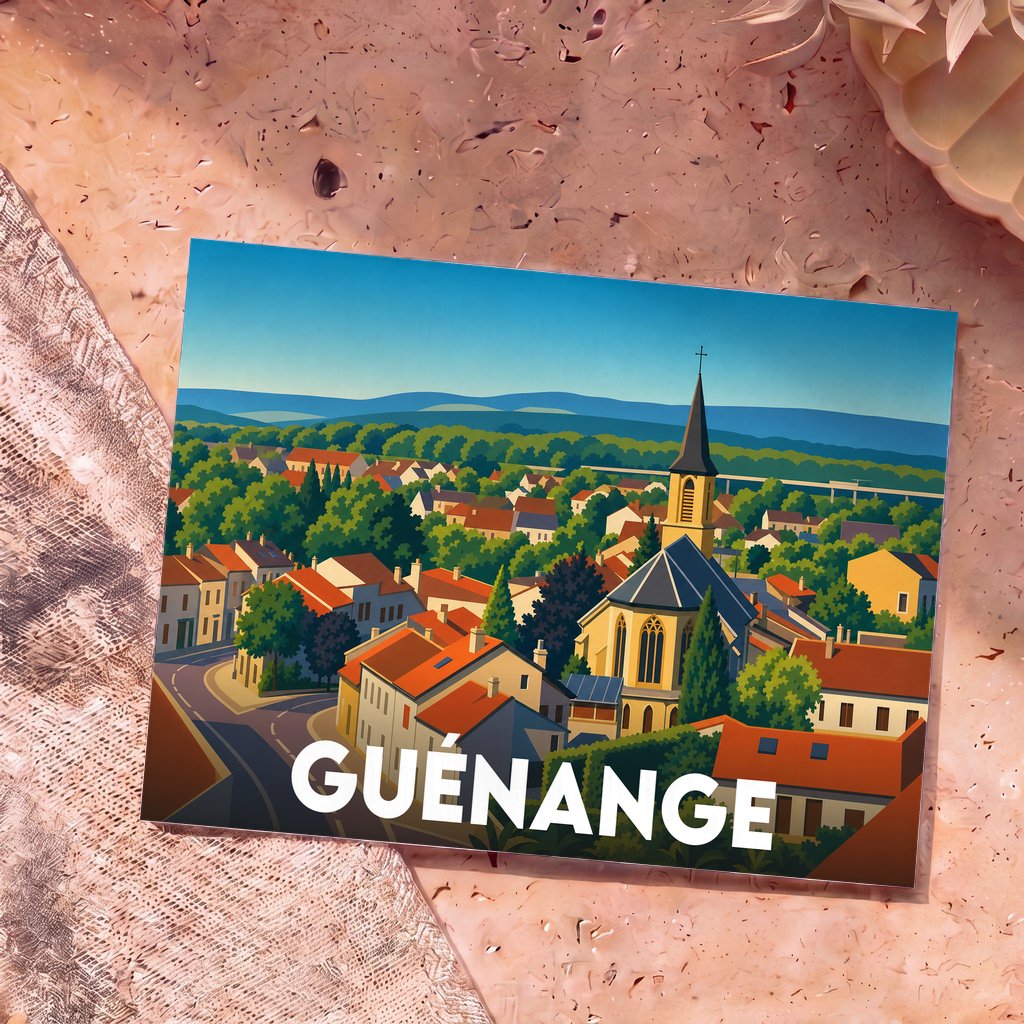 Carte postale souvenir de la ville de Guénange avec une illustration stylisée.