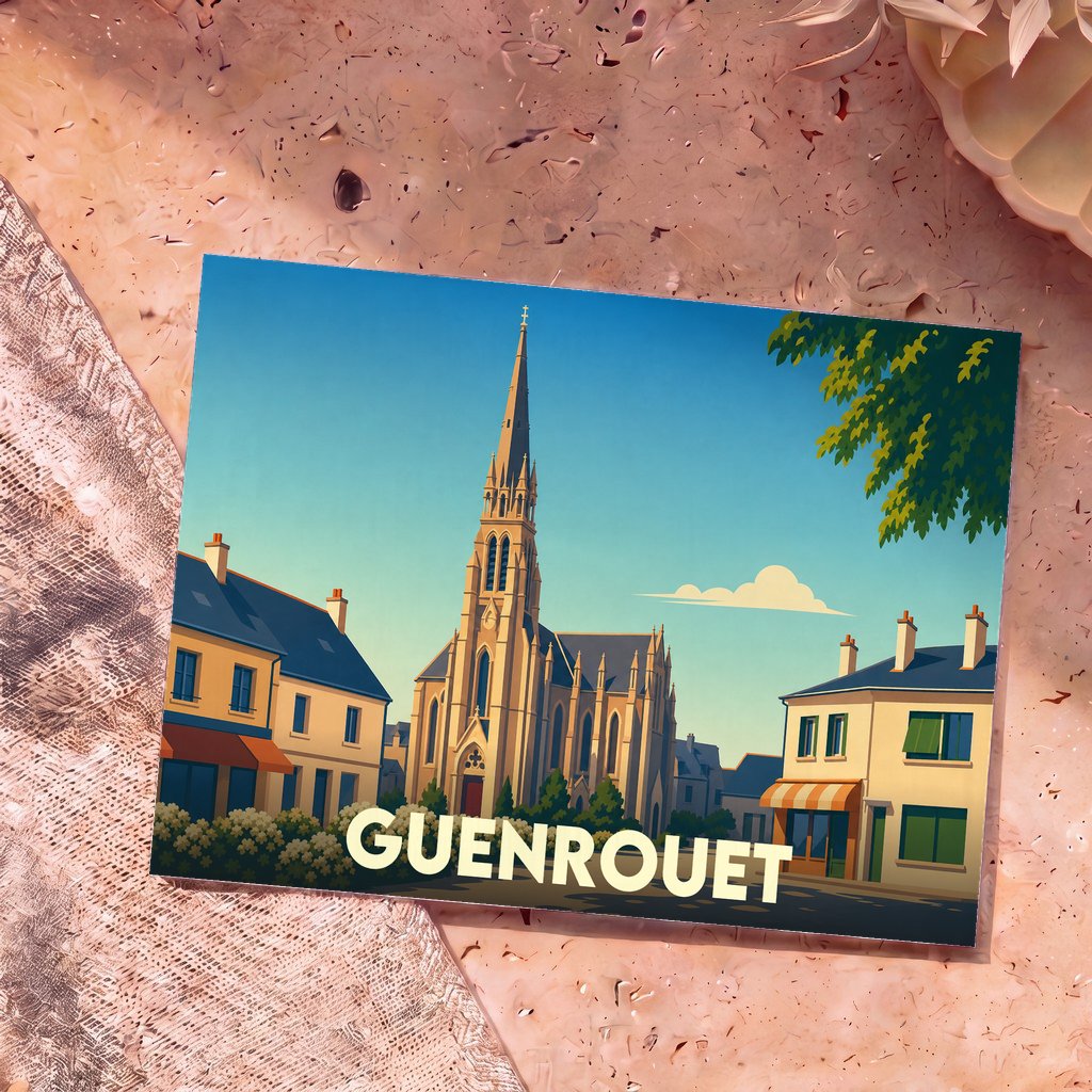Carte postale souvenir de la ville de Guenrouet avec une illustration stylisée de son église et de ses maisons.