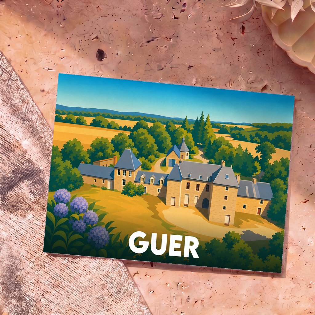 Carte postale souvenir de la ville de Guer illustrant un château breton dans un style graphique et coloré.