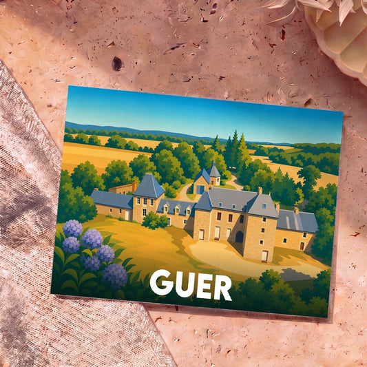 Carte postale souvenir de la ville de Guer illustrant un château breton dans un style graphique et coloré.