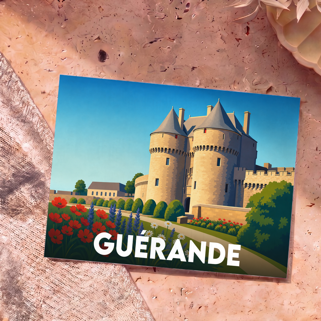 Carte postale souvenir de la ville de Guérande illustrant ses remparts médiévaux dans un style épuré et coloré.
