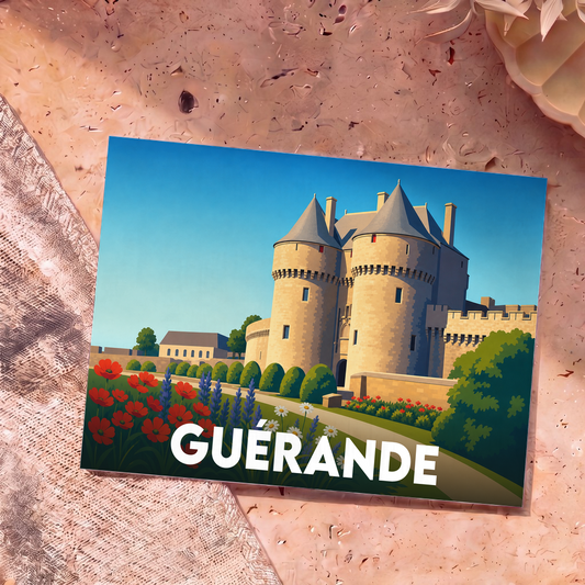 Carte postale souvenir de la ville de Guérande illustrant ses remparts médiévaux dans un style épuré et coloré.
