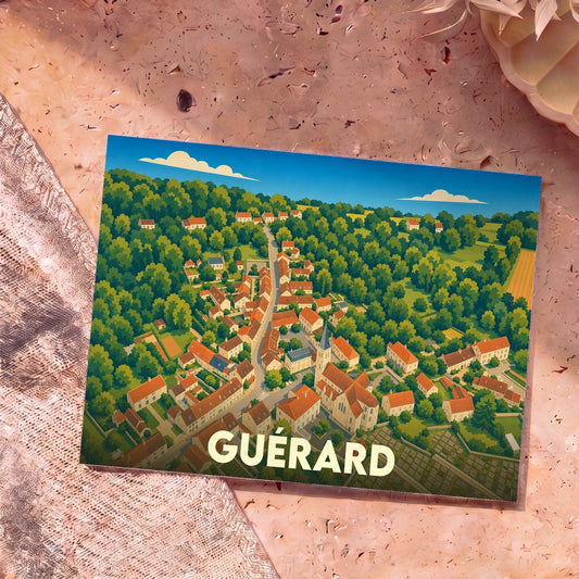 Carte postale souvenir de la ville de Guérard avec une illustration stylisée vue du ciel.