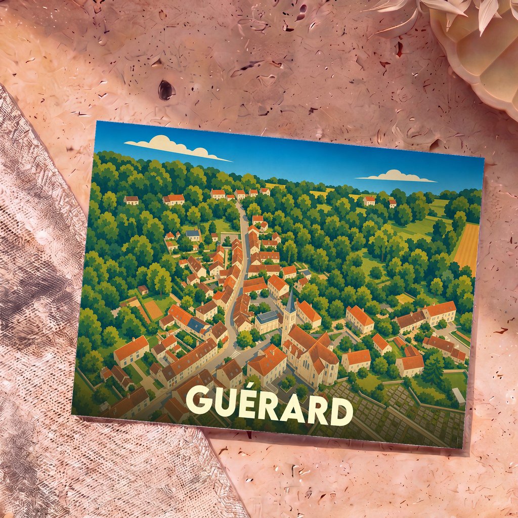 Carte postale souvenir de la ville de Guérard avec une illustration stylisée vue du ciel.