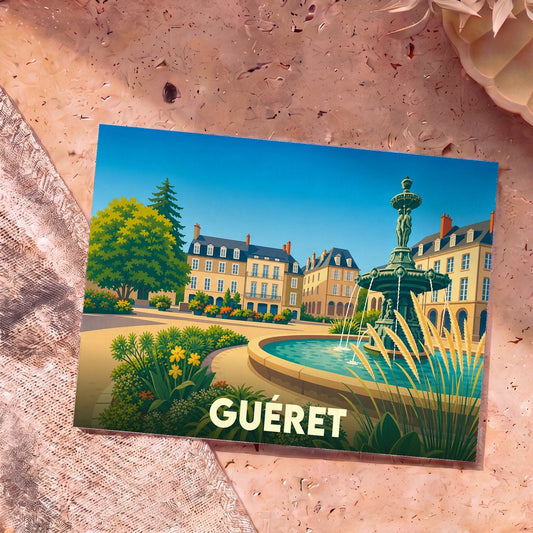 Carte postale souvenir de la ville de Guéret avec une illustration stylisée d'une place ensoleillée et de sa fontaine.