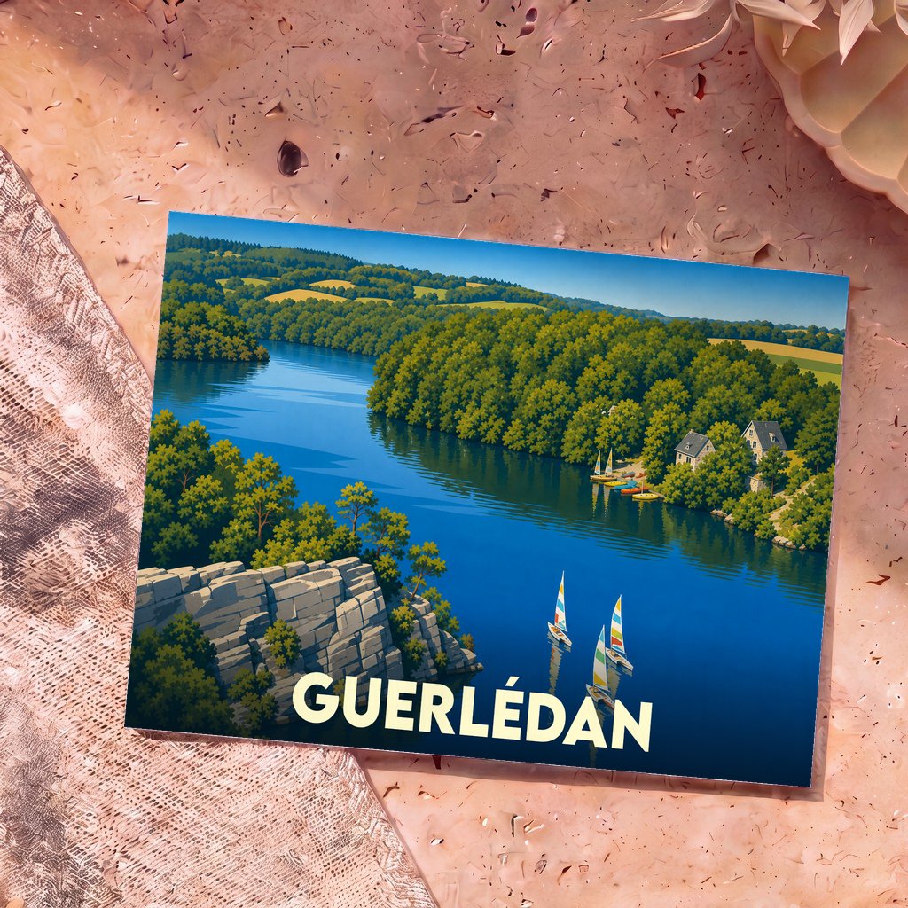 Carte postale souvenir de Guerlédan illustrant son lac entouré de forêts avec un style graphique épuré.