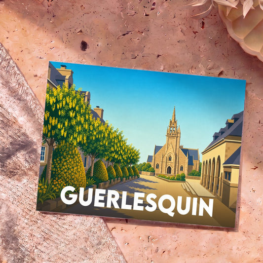 Carte postale souvenir de la ville de Guerlesquin avec une illustration stylisée de sa place centrale et de son église.