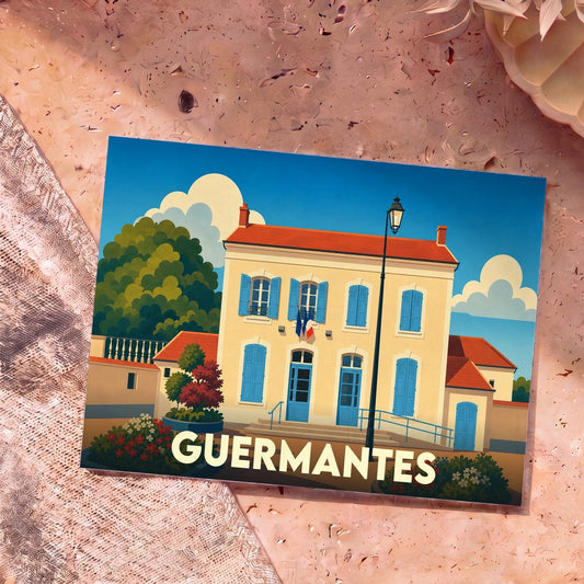 Carte postale souvenir de la ville de Guermantes avec une illustration stylisée de sa mairie aux volets bleus.