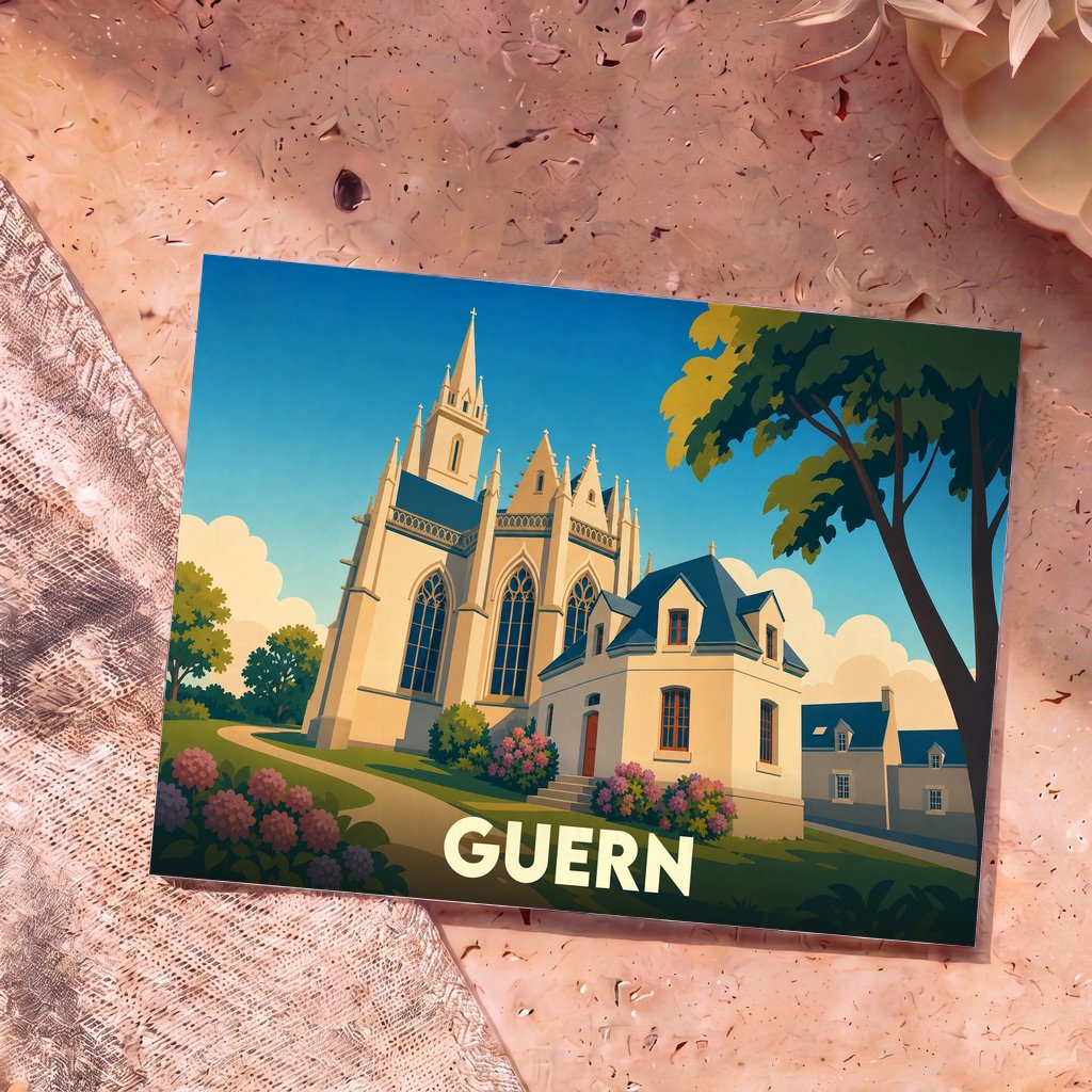 Carte postale souvenir de la ville de Guern avec une illustration stylisée de son église et de maisons fleuries.