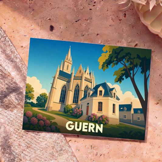 Carte postale souvenir de la ville de Guern avec une illustration stylisée de son église et de maisons fleuries.