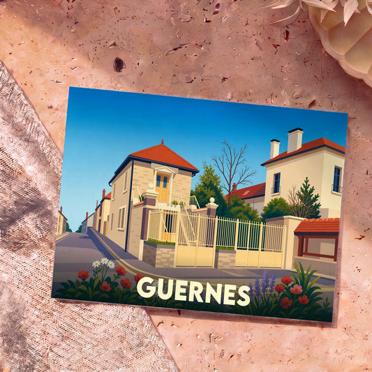 Carte postale souvenir de la ville de Guernes avec une illustration stylisée de ses maisons et jardins.