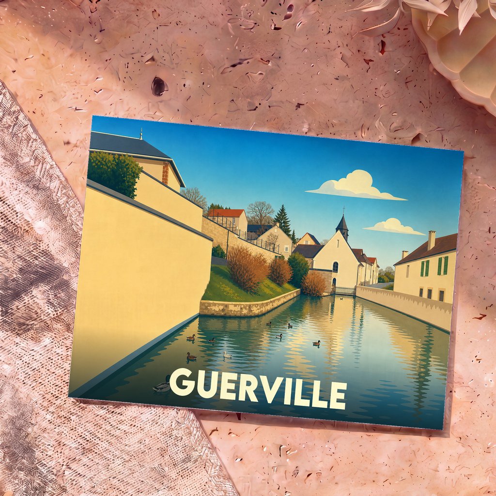 Carte postale souvenir de la ville de Guerville avec une illustration stylisée d'un canal et de ses canards.