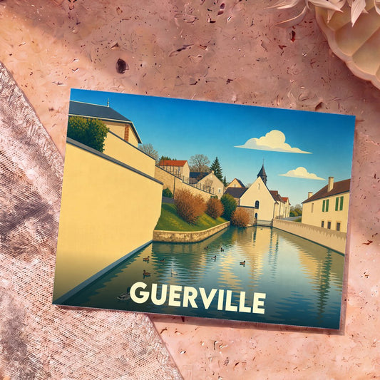 Carte postale souvenir de la ville de Guerville avec une illustration stylisée d'un canal et de ses canards.