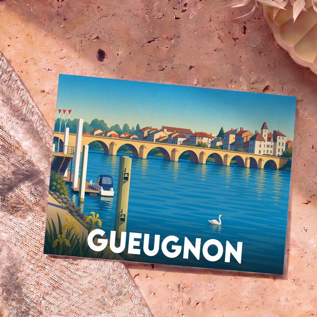 Carte postale souvenir de la ville de Gueugnon avec une illustration stylisée d'un pont enjambant une rivière.