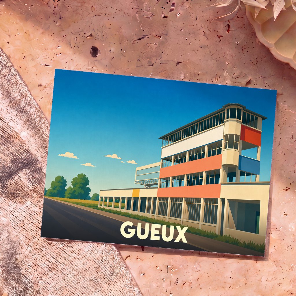 Carte postale souvenir de la ville de Gueux avec une illustration stylisée de ses célèbres tribunes de circuit automobile.